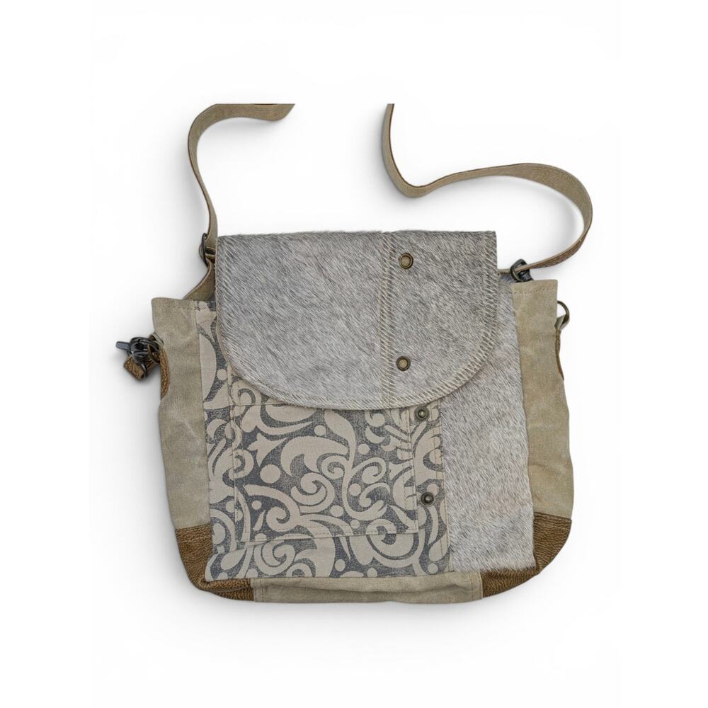 MYRA BAG Factual Messenger Bag S-1487 Calf Hair Canvas Mixed Media